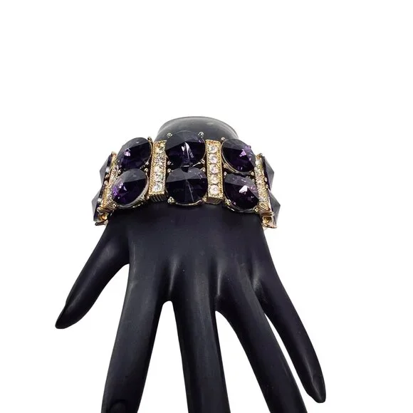 Gold Tone Clear Rhinestone And Purple Rivoli Stretch Bracelet (6243) - Picture 1 of 7